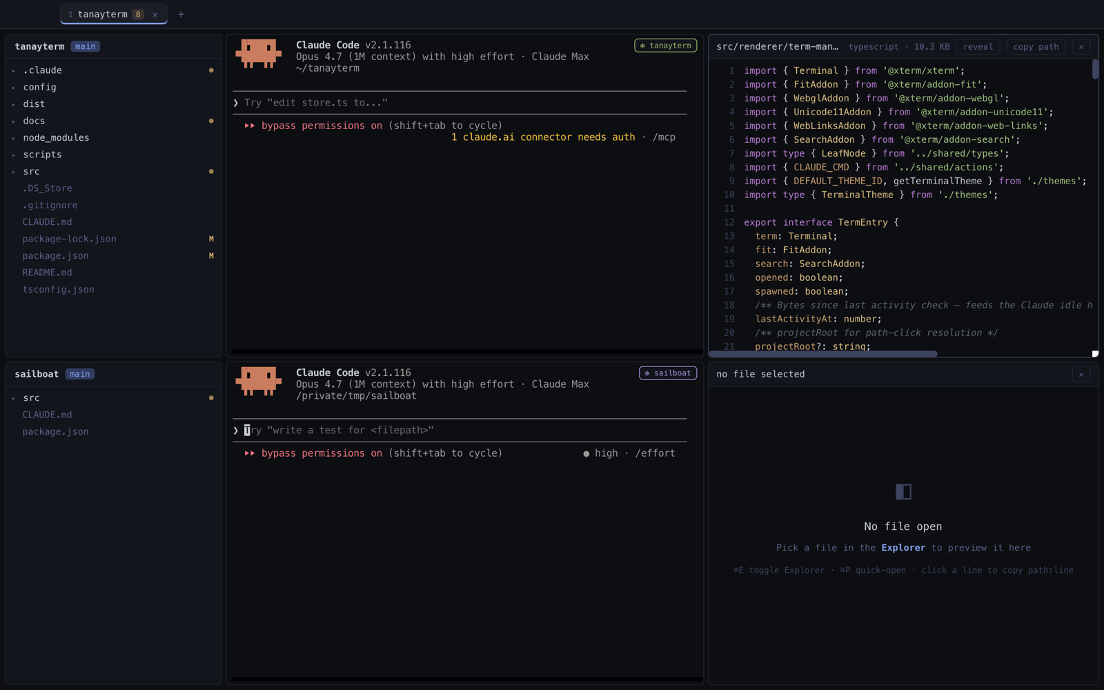 tterm with two stacked project rows, each running its own Claude Code session next to an explorer and a file viewer.