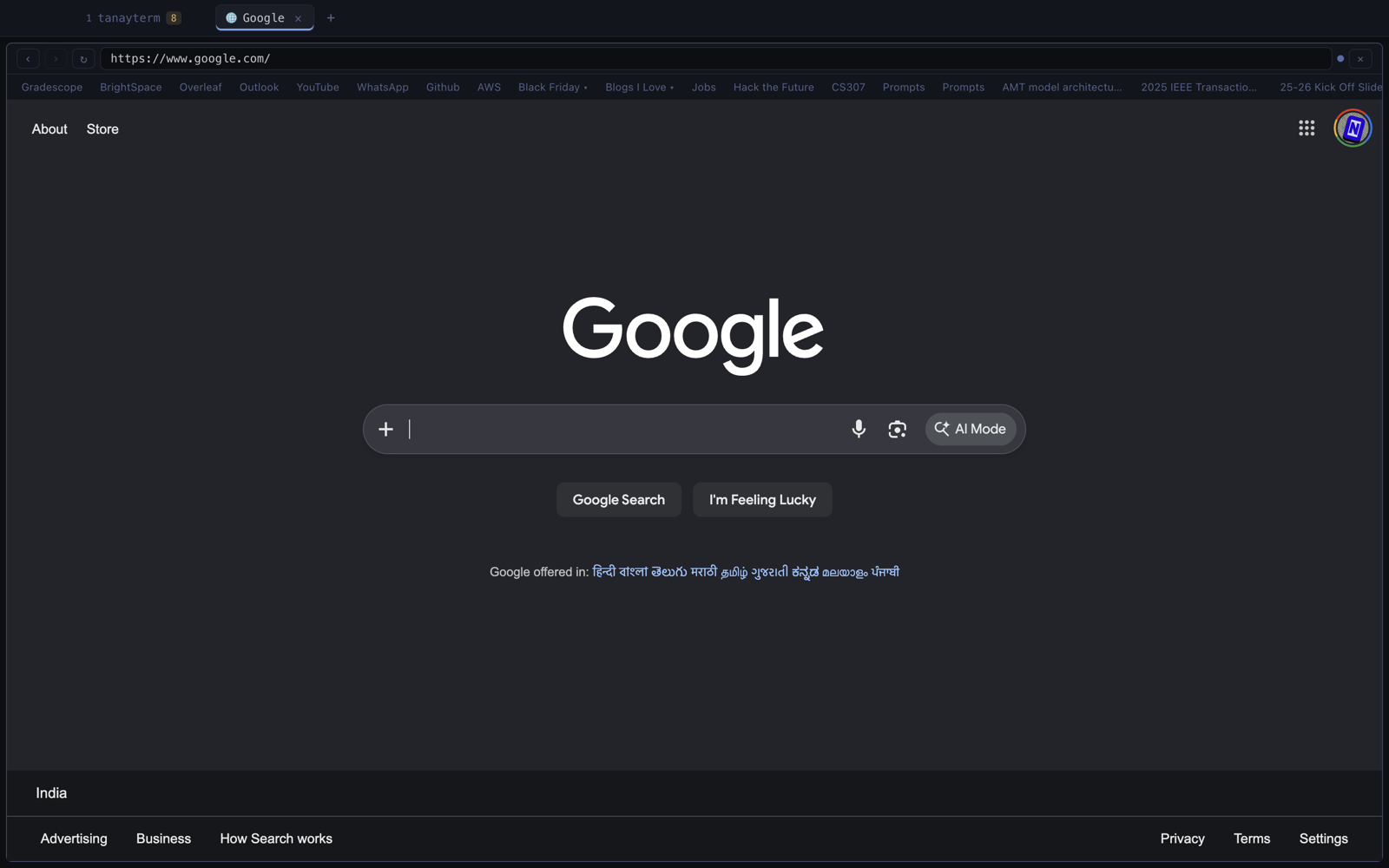 A real Chromium browser tab inside tterm with a bookmarks bar imported from Chrome.
