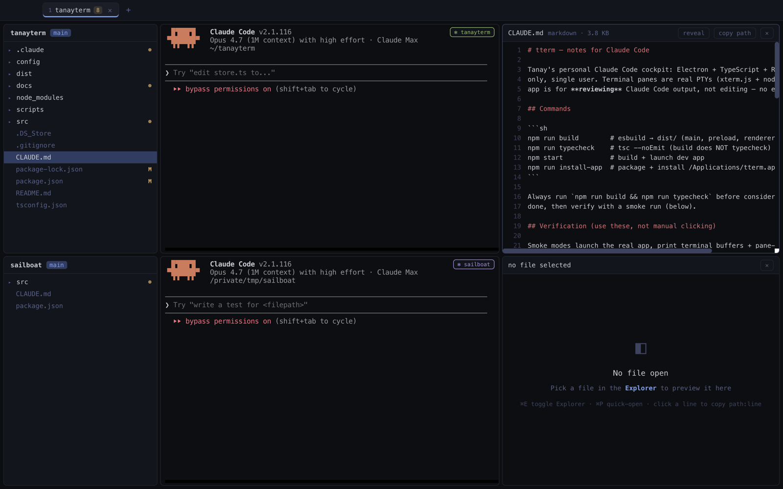 tterm displaying its own CLAUDE.md project notes in the file viewer.